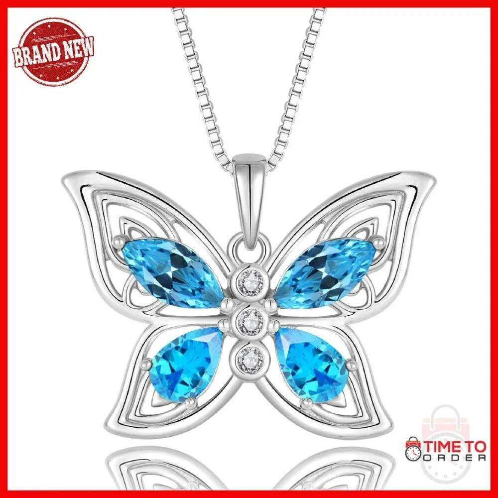 Sterling Silver Butterfly Teardrop Pendant Necklace with Box Chain